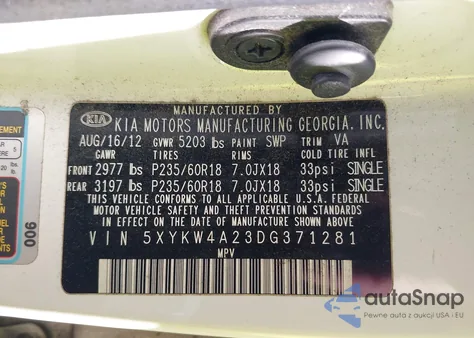 2013 Kia Sorento Sx z USA, uszkodzony, nr VIN 5XYKW4A23DG371281